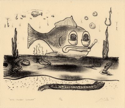 Lithograph of a fish in polluted waters.