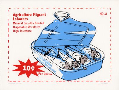 Serigraph of a pop-surrealism style migrant labor coupon.